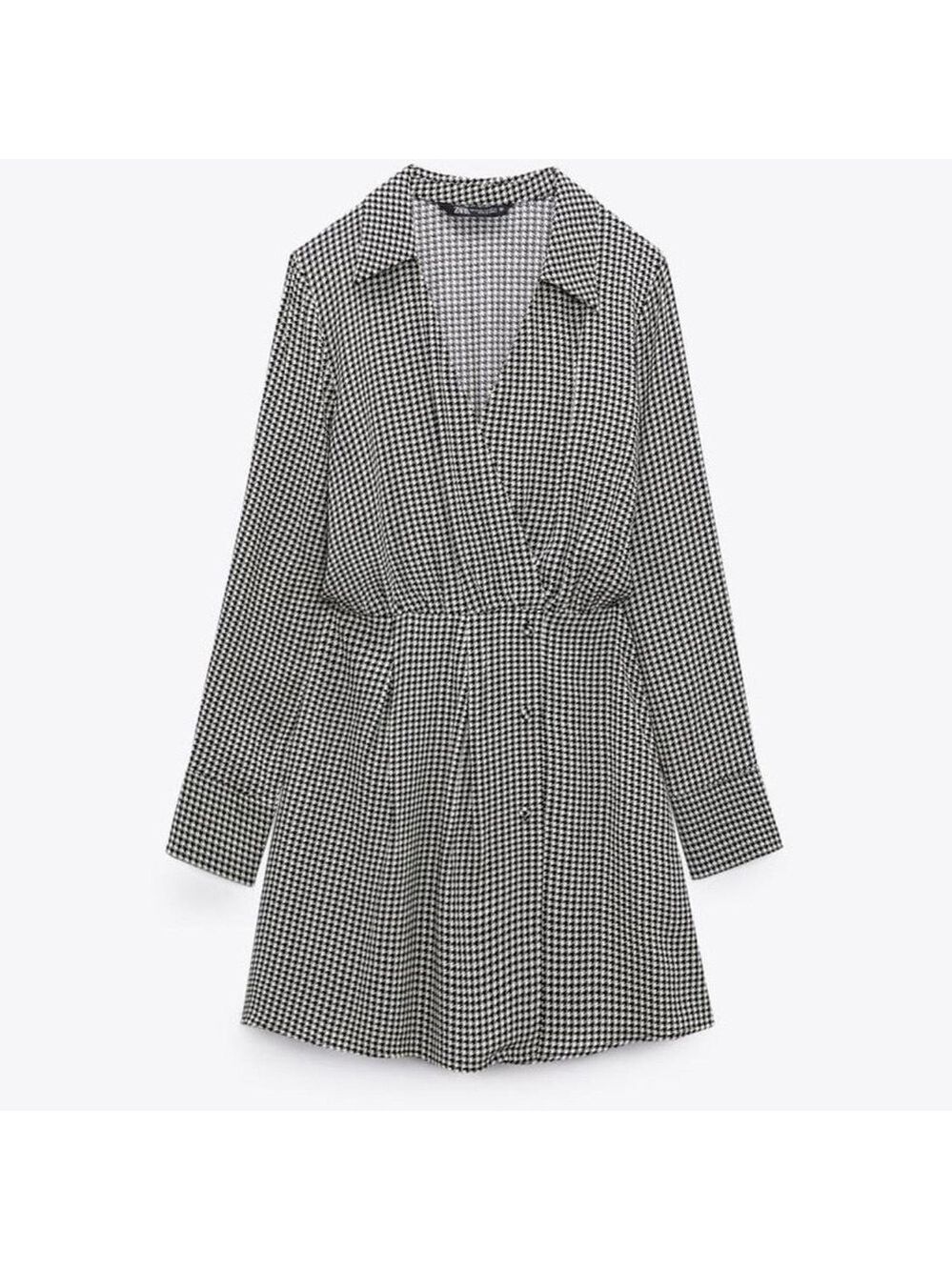 Zara black white houndstooth wrap mini shirt dress S long sleeve V-neck classy